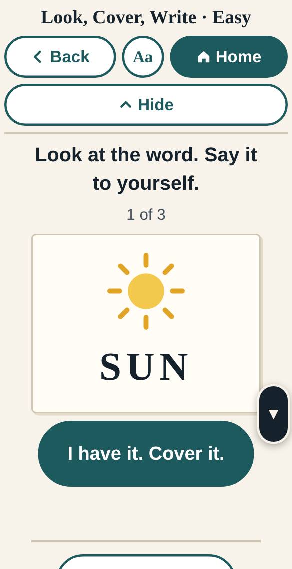 A screen from Look, Cover, Write